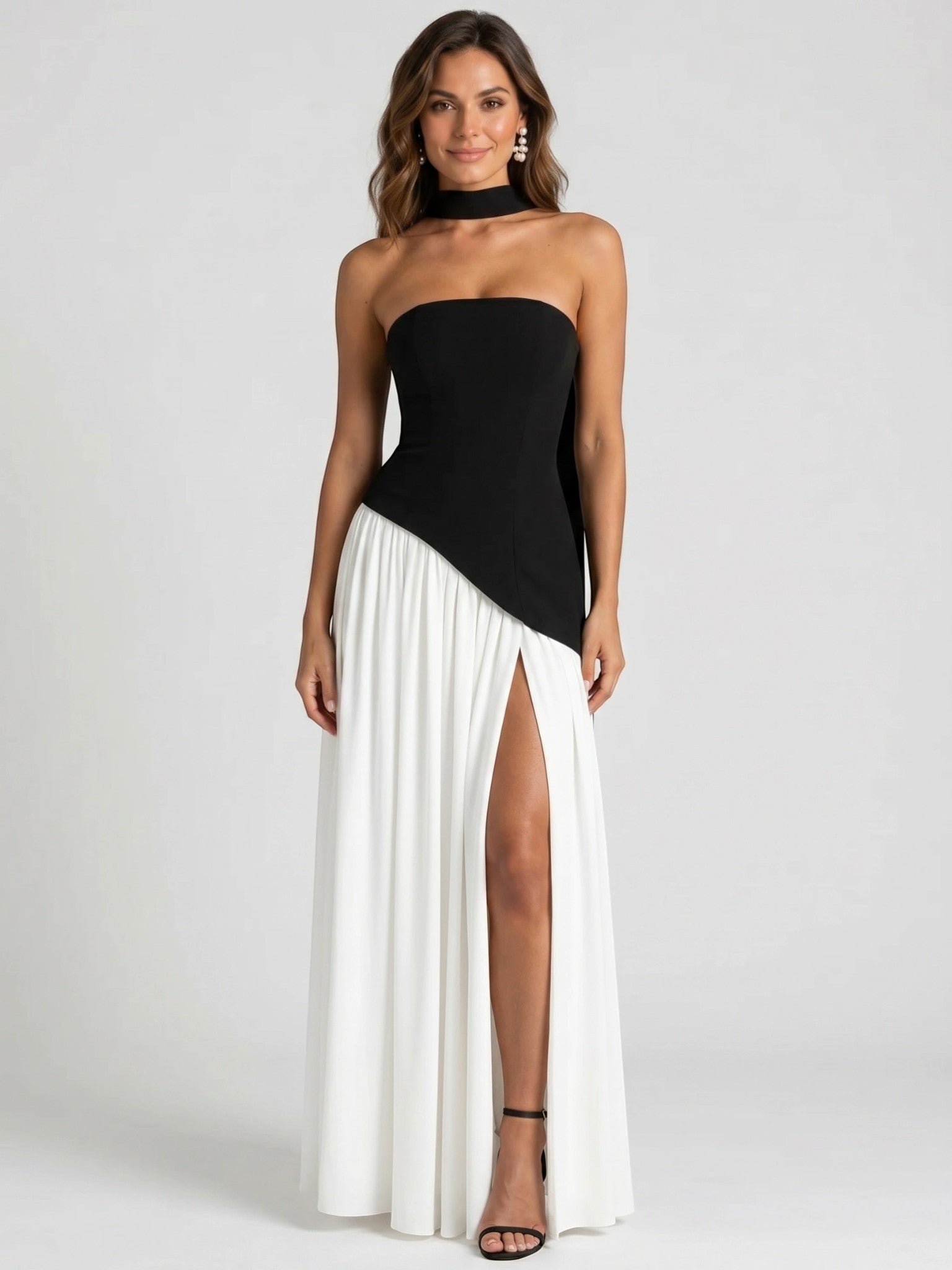 Womens Structured Corset Strapless Maxi Dress with High Slit