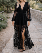 Women’s V-Neck Long Sleeve Lace Maxi Dress