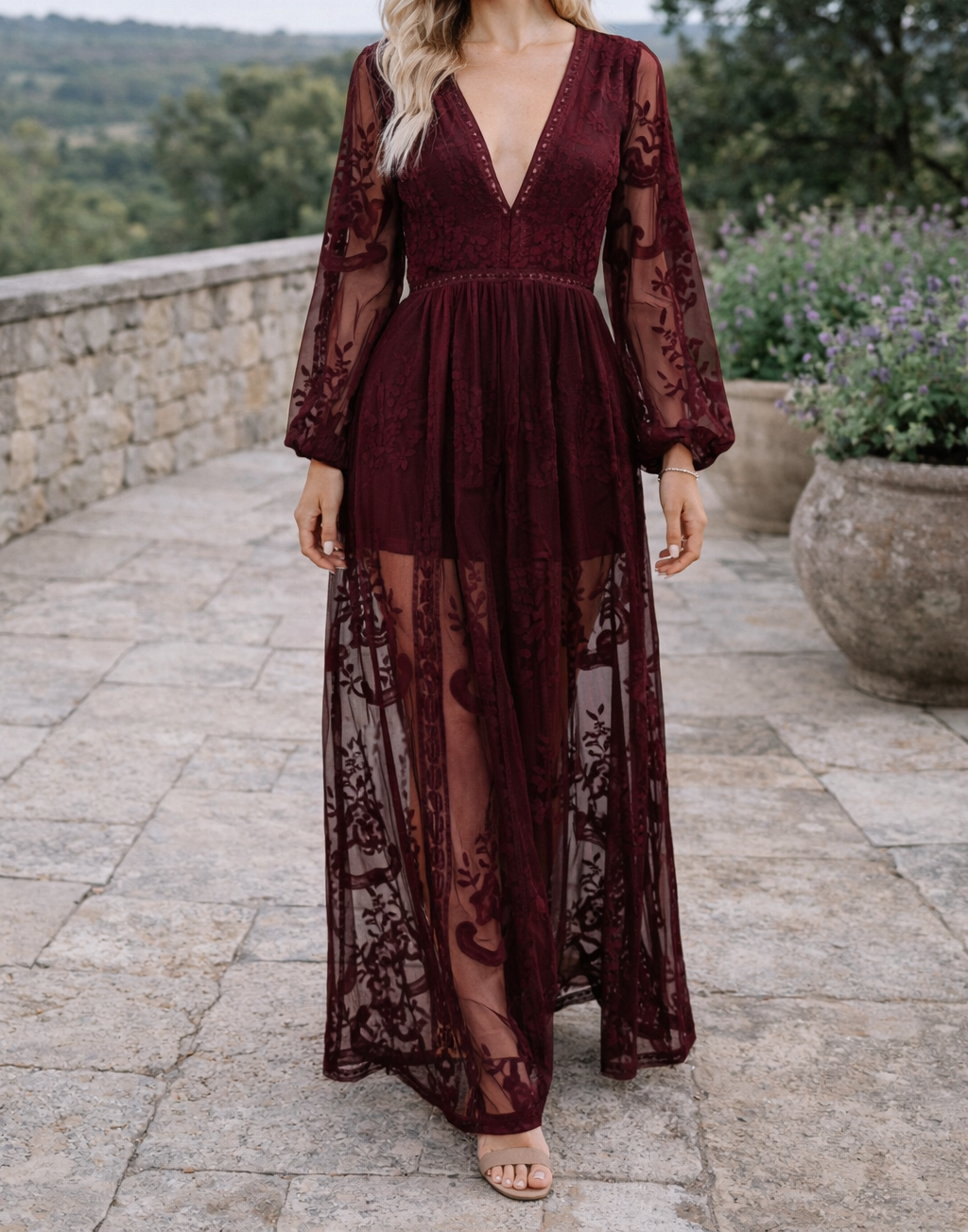 Women’s V-Neck Long Sleeve Lace Maxi Dress
