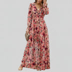 Women’s V-Neck Long Sleeve Pleated Floral Maxi Dress