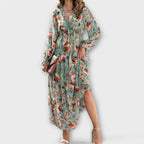Women’s V-Neck Long Sleeve Pleated Floral Maxi Dress