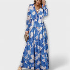 Women’s V-Neck Long Sleeve Pleated Floral Maxi Dress