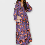 Women’s V-Neck Long Sleeve Pleated Floral Maxi Dress