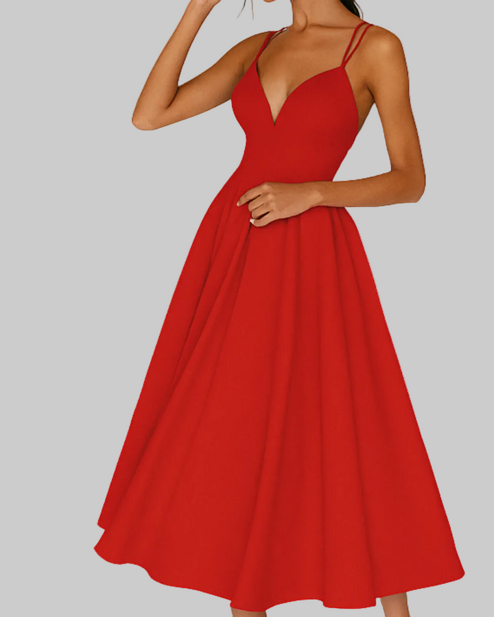 Women’s V-Neck Midi Dress with Double Spaghetti Straps