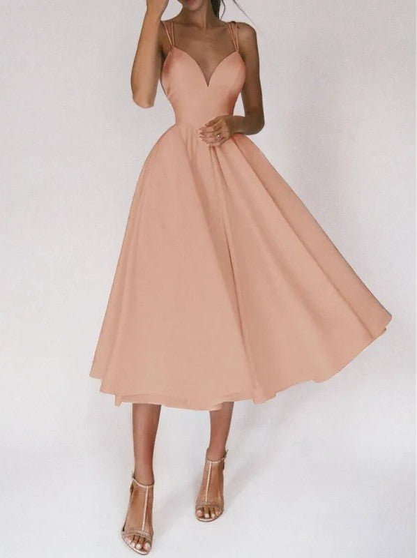 Women’s V-Neck Midi Dress with Double Spaghetti Straps