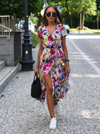 Women’s V-Neck Wrap Midi Dress with Self-Tie Belt