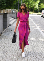 Women’s V-Neck Wrap Midi Dress with Self-Tie Belt